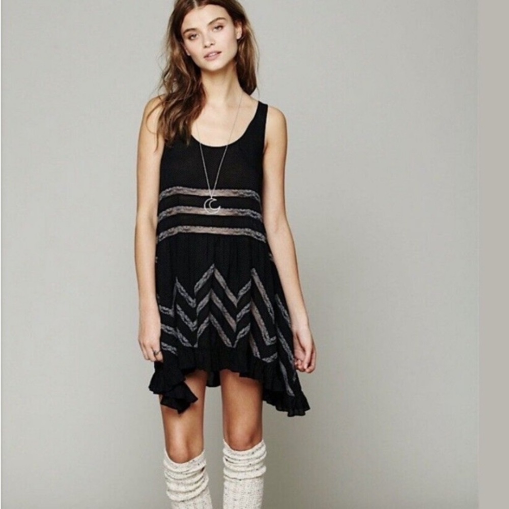 Free People Black Sleeveless Mini Dress with Chevron Lace
